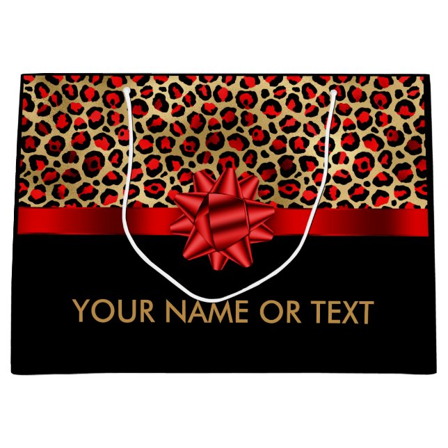 Grand Sac Cadeau Personnalisé Gold Black Leopard RED BOW (Devant)