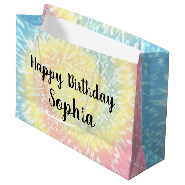 Grand Sac Cadeau Personnalisé Nom Joyeux Anniversaire Tie Dye Hippy (Devant Angle)