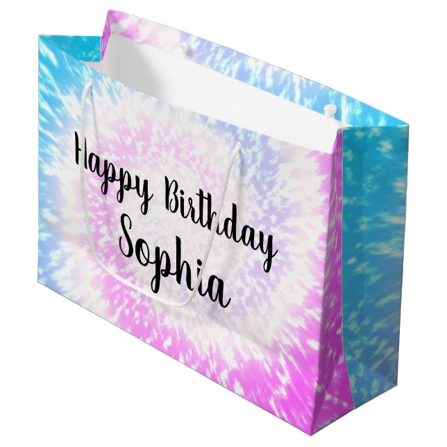 Grand Sac Cadeau Personnalisé Nom Joyeux Anniversaire Tie Dye Hippy (Devant Angle)