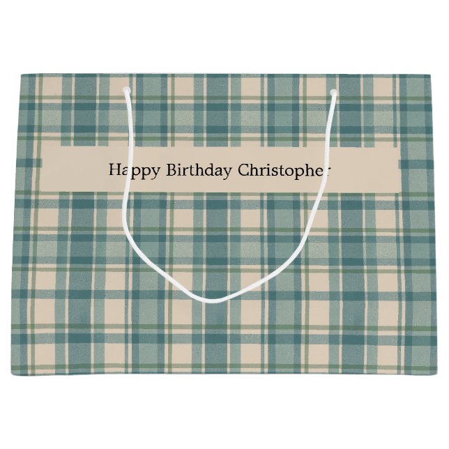 Grand Sac Cadeau Personnalisé Vert Bleu Beige Plaid Hommes Annivers (Devant)