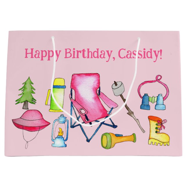 Grand Sac Cadeau Petite Fille Camping Thème Personnalisé (Devant)