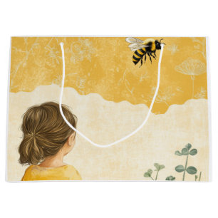 Grand Sac Cadeau Petite Fille Regardant un Bourdon