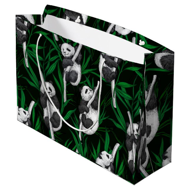 Grand Sac Cadeau Petits panda sur vert foncé (Dos Angle)