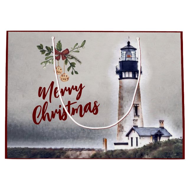 Grand Sac Cadeau Phare de Yaquina Head Joyeux Noël (Devant)