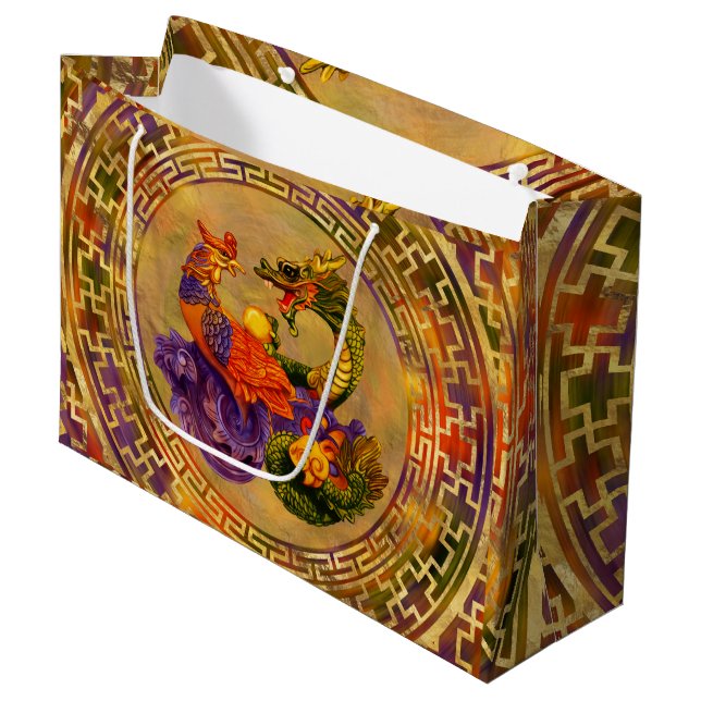 Grand Sac Cadeau Phoenix et Dragon - couleur et or (Devant Angle)
