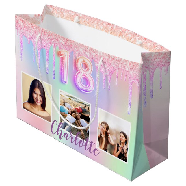 Grand Sac Cadeau photo 18e anniversaire rose violet holographique (Dos Angle)