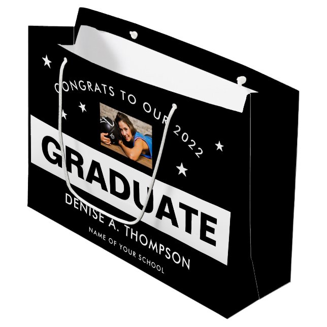 Grand Sac Cadeau Photo de graduation noir et blanc personnalisée (Devant Angle)