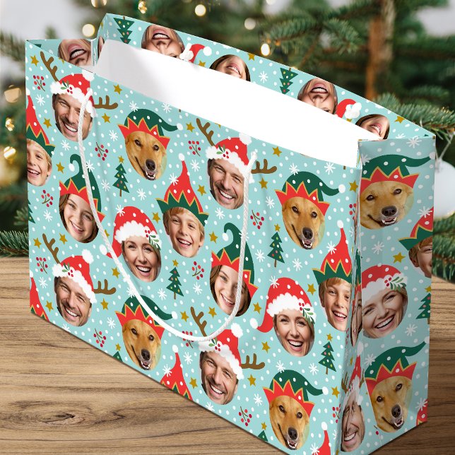 Grand Sac Cadeau Photo de Noël Collage Festive Funny Face Bleu (Créateur téléchargé)