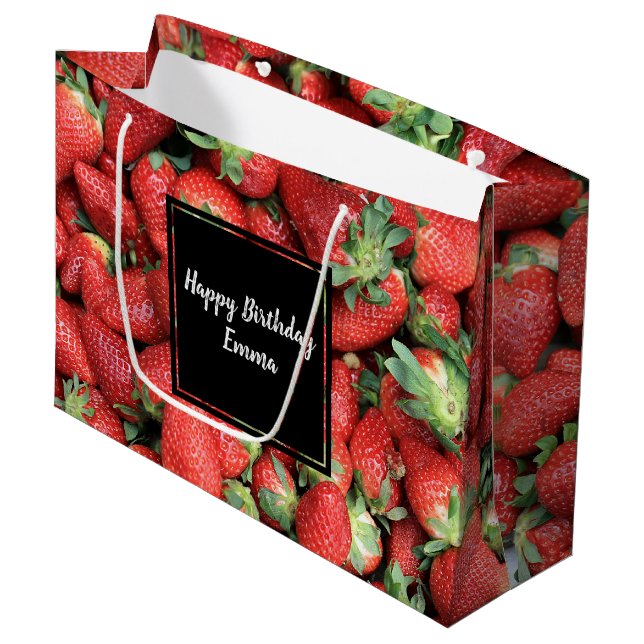 Grand Sac Cadeau Photo de Red Juicy Strawberries Anniversaire (Devant Angle)