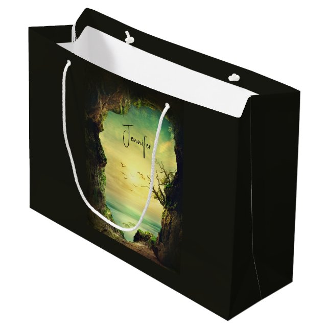 Grand Sac Cadeau Photo d'une grotte surplombant la mer Anniversaire (Devant Angle)