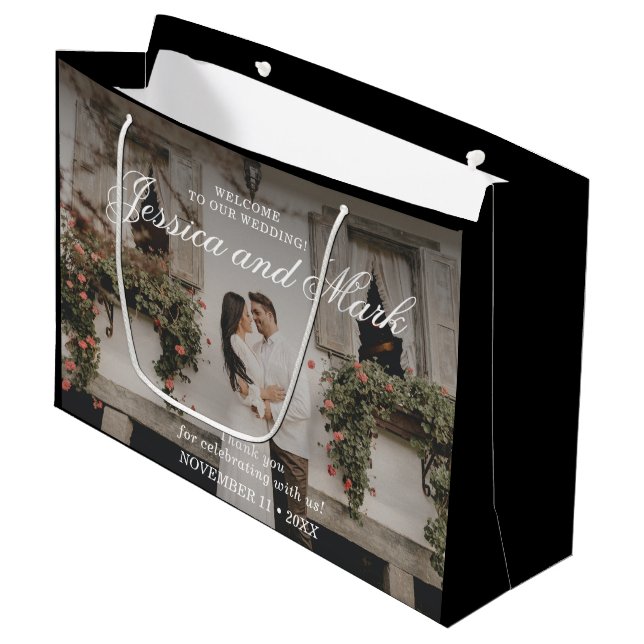 Grand Sac Cadeau Photo Elegant Mariage noir Bienvenue (Devant Angle)