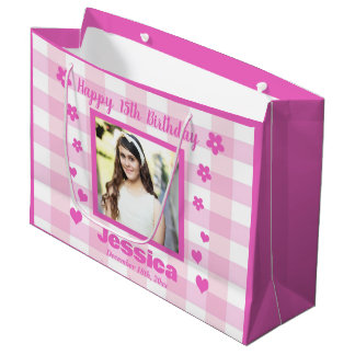 Grand Sac Cadeau Photo personnalisée Joyeux 15e anniversaire rose b