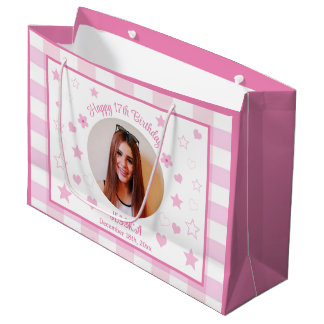 Grand Sac Cadeau Photo personnalisée Joyeux 17e anniversaire rose b