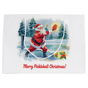 Grand Sac Cadeau Pickleball Noël avec le Père Noël sur le terrain