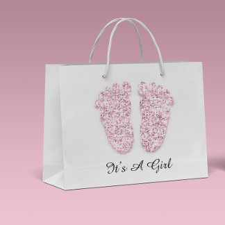 Grand Sac Cadeau Pieds baby showers C’est une fille rose blanche