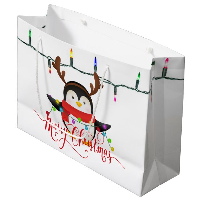 Grand Sac Cadeau Pingouin de Noël (Devant Angle)