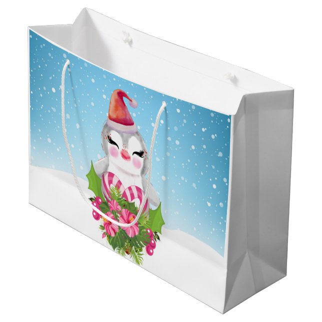 Grand Sac Cadeau Pingouin de Noël mignon à Santa Hat (Devant Angle)