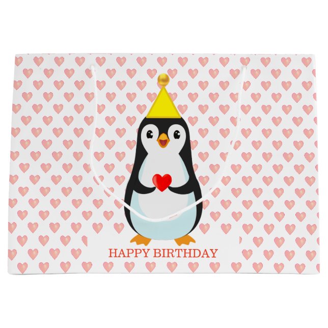 Grand Sac Cadeau Pingouin mignon avec Motif cardiaque (Devant)