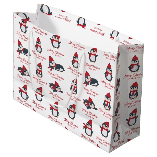 Grand Sac Cadeau Pingouins d'hiver Joyeux Noël Nom personnalisé (Devant Angle)