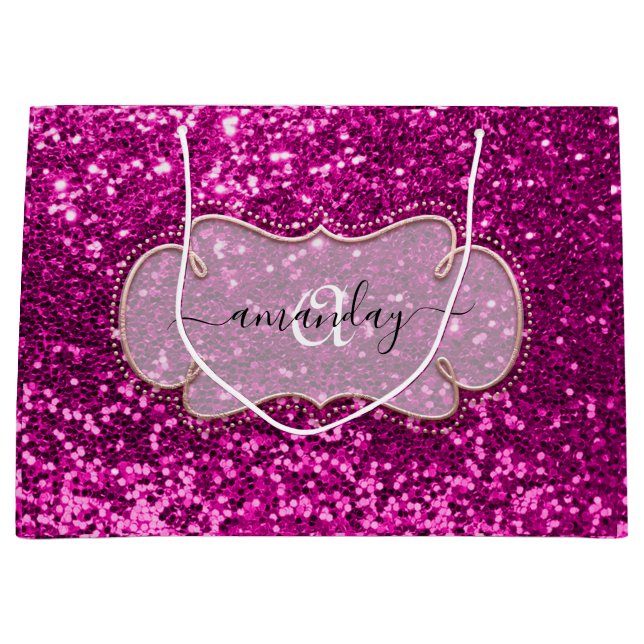 Grand Sac Cadeau Pink Fuchsia encadrée Royal Monogramme Nom Parties (Devant)