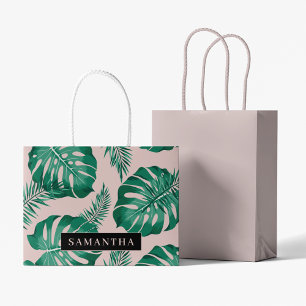 Grand Sac Cadeau Pink & Green Palm Feuille Motif & nom