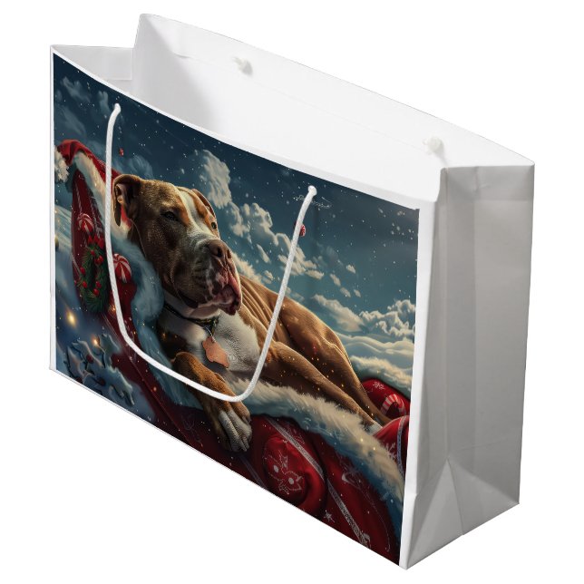 Grand Sac Cadeau Pitbull Chien Festif de Noël (Devant Angle)
