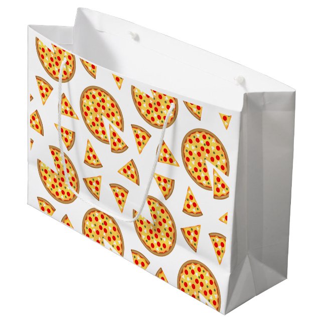 Grand Sac Cadeau Pizza et tranches de cool motif sur blanc (Devant Angle)