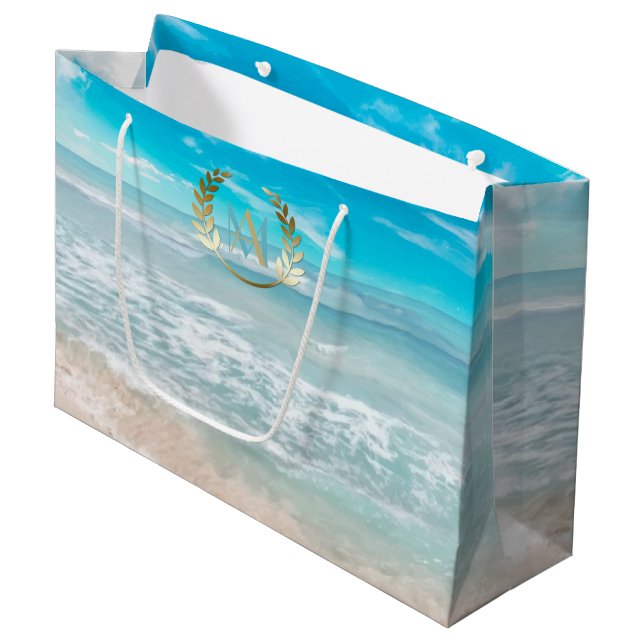 Grand sac cadeau | Plage géométrique Monogramme mo (Devant Angle)