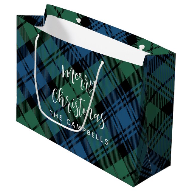 Grand Sac Cadeau Plaid Green Check Rustique Noël Campbell Tartan (Devant Angle)