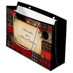Grand Sac Cadeau Plaid Red Black Gold Salutation de Noël