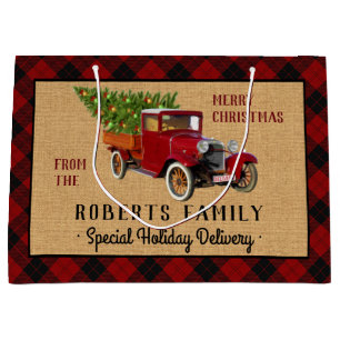 Grand Sac Cadeau Plaid rouge de camion vintage de ferme d'arbre de