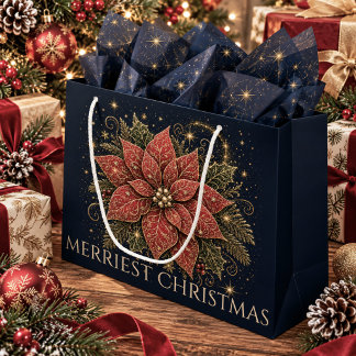 Grand Sac Cadeau Poinsettia Noël sous les Étoiles