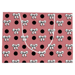 Grand Sac Cadeau Points et Rubans Rose Blanc Noir Style Rétro