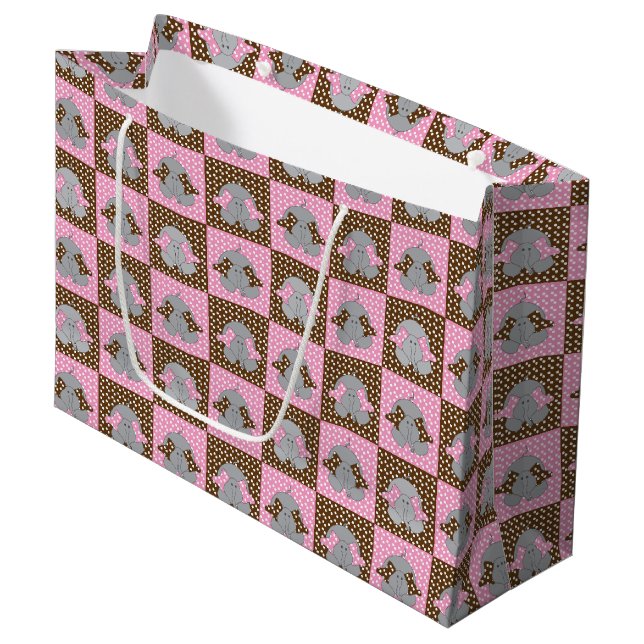 Grand Sac Cadeau Pois d'éléphants roses et Brown (Devant Angle)