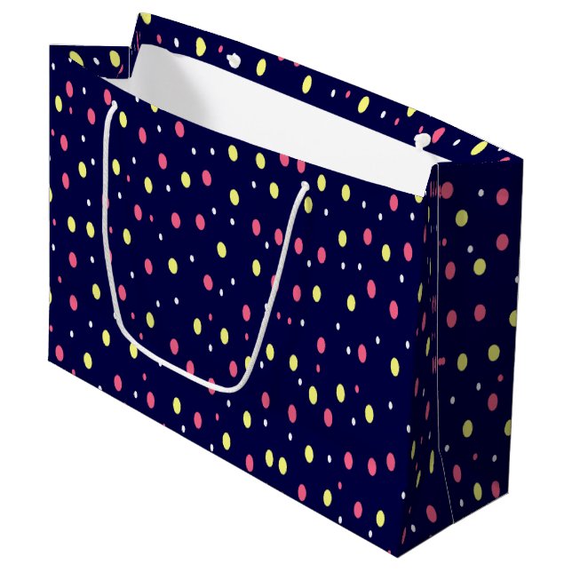 Grand Sac Cadeau Pois roses et jaunes sur bleu marine (Devant Angle)