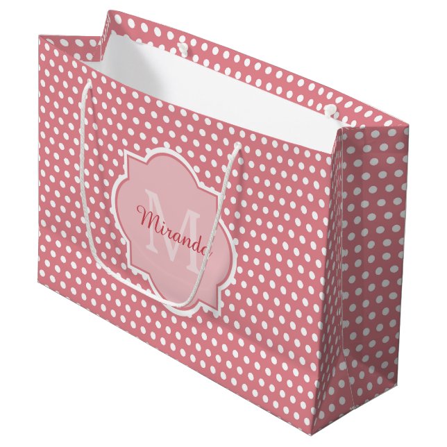 Grand Sac Cadeau Pois roses mignons avec Monogramme et nom (Devant Angle)