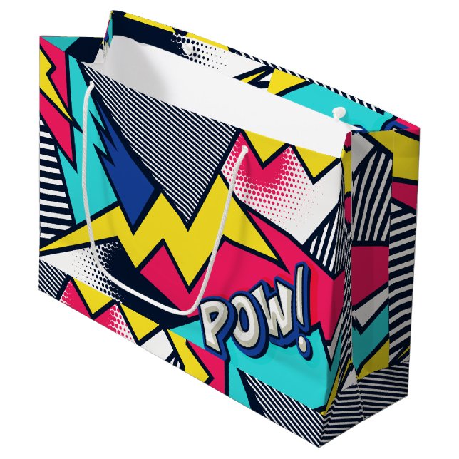 Grand Sac Cadeau Pop art pow ! Pattern à Magenta, Blue et Black (Devant Angle)