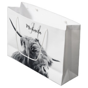 Grand Sac Cadeau Portrait de vache Highland premier monogramme noir