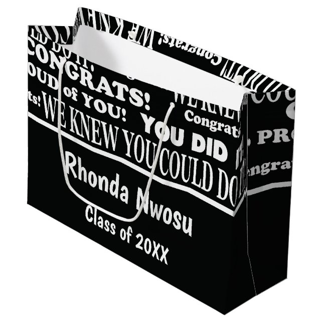 Grand sac cadeau pour les diplômés noir et blanc (Devant Angle)
