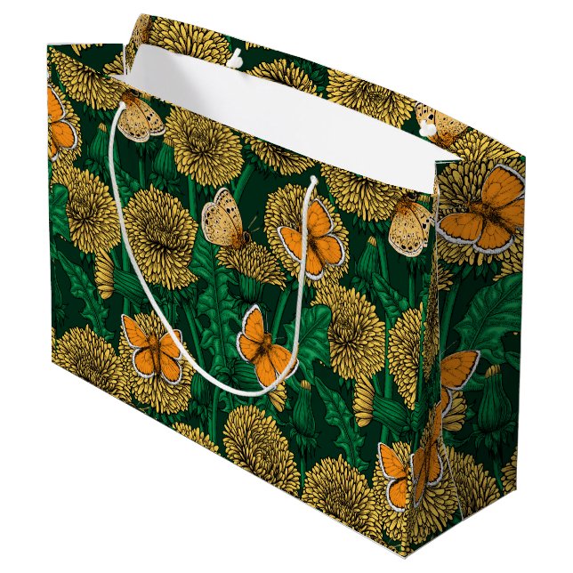 Grand Sac Cadeau Pré de Dandelion sur vert foncé (Dos Angle)