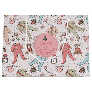 Grand Sac Cadeau Premier Noël personnalisé pour bébé rose mignon