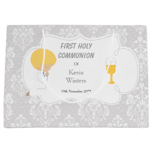 Grand Sac Cadeau Première Communion Blonde Boy Argent Damask