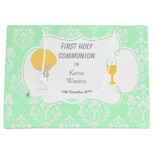 Grand Sac Cadeau Première Communion Blonde Boy Green Damask