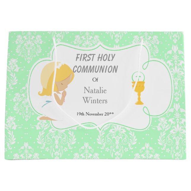 Grand Sac Cadeau Première Communion Blonde cheveux fille Merci (Devant)