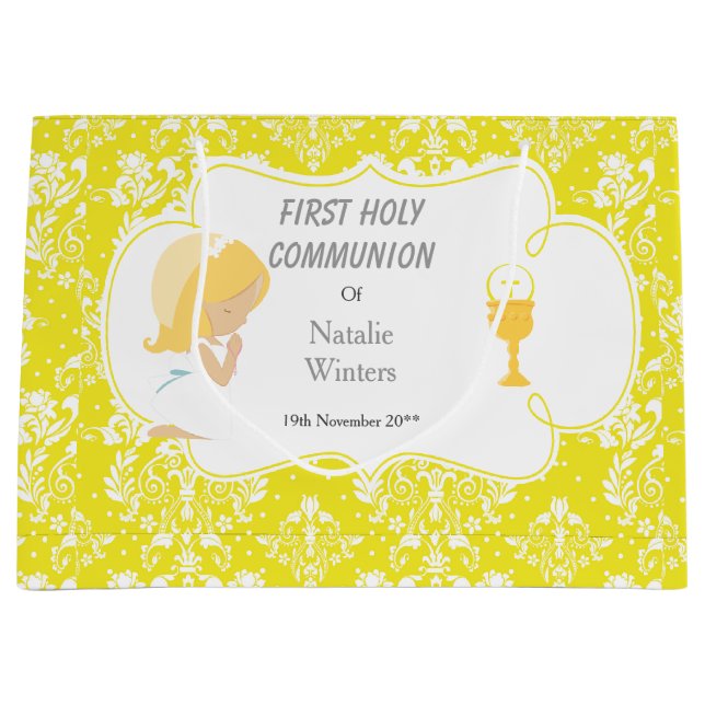 Grand Sac Cadeau Première Communion Blonde cheveux fille Merci (Devant)
