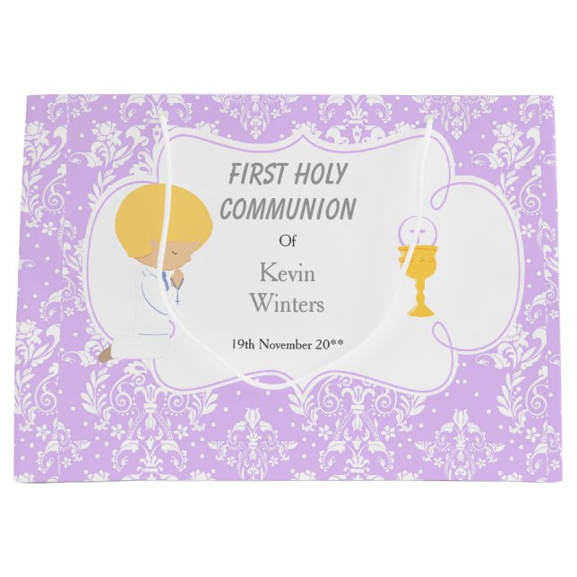 Grand Sac Cadeau Première Communion Blonde cheveux Merci garçon (Devant)