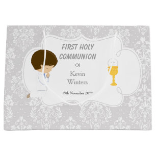 Grand Sac Cadeau Première Communion Brunette Boy Argent Damask