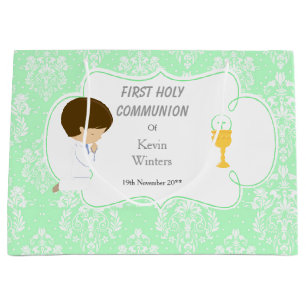 Grand Sac Cadeau Première Communion Brunette Garçon Vert Damas
