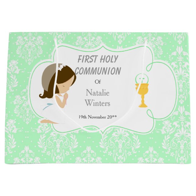 Grand Sac Cadeau Première Communion Brunette Merci de fille cheveux (Devant)