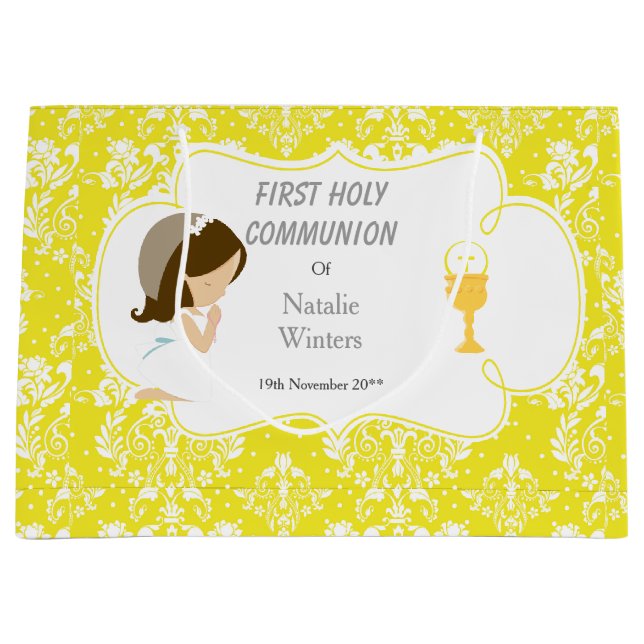 Grand Sac Cadeau Première Communion Brunette Merci de fille cheveux (Devant)